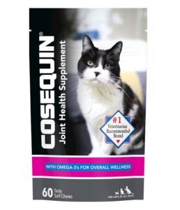 תוסף תזונה לחתולים התומך במפרקים של חברת קזקוויין, מעוצב שחור, ורוד ואפור עם תמונה של חתול.