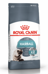 מזון יבש לחתולים הסובלים מכדורי פרווה, מעוצב באפור לבן עם תמונה של חתול