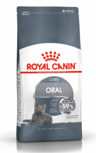 שק דנטל קייר של רויאל קנין לחתולים, מעוצב באפור לבן עם תמונה של חתול עם פרטי המוצר מקדימה.